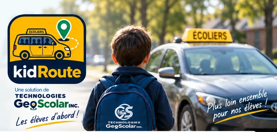 Élève vu de dos devant une berline de transport scolaire avec plaque ÉCOLIERS et identité KidRoute