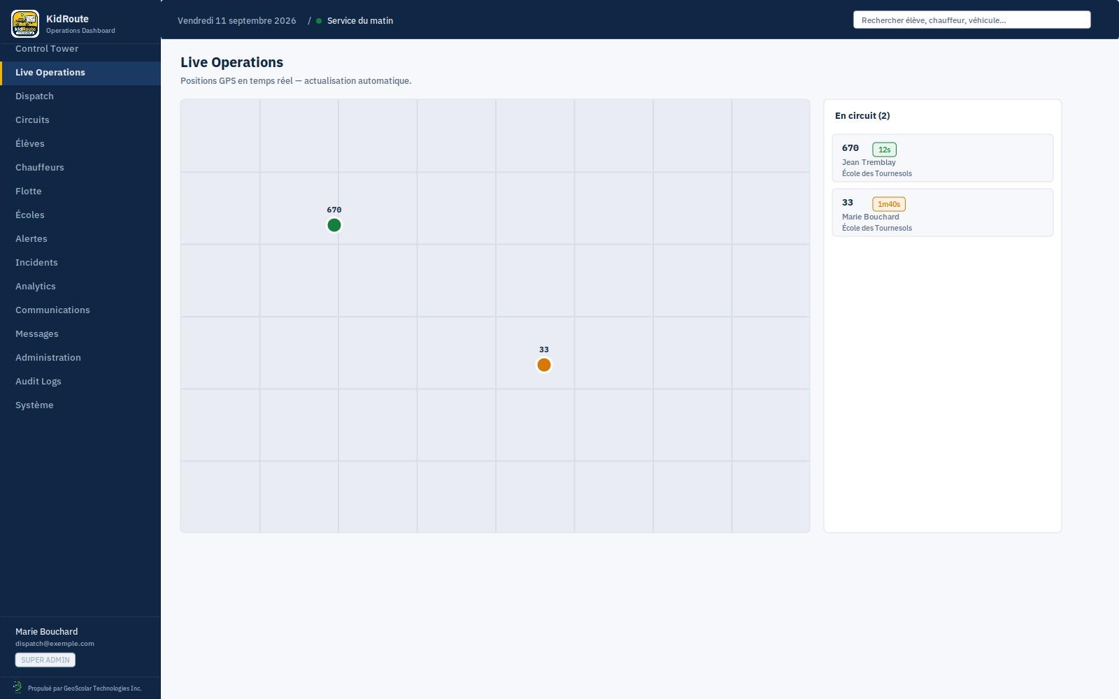 KidRoute Dashboard - Opérations en direct