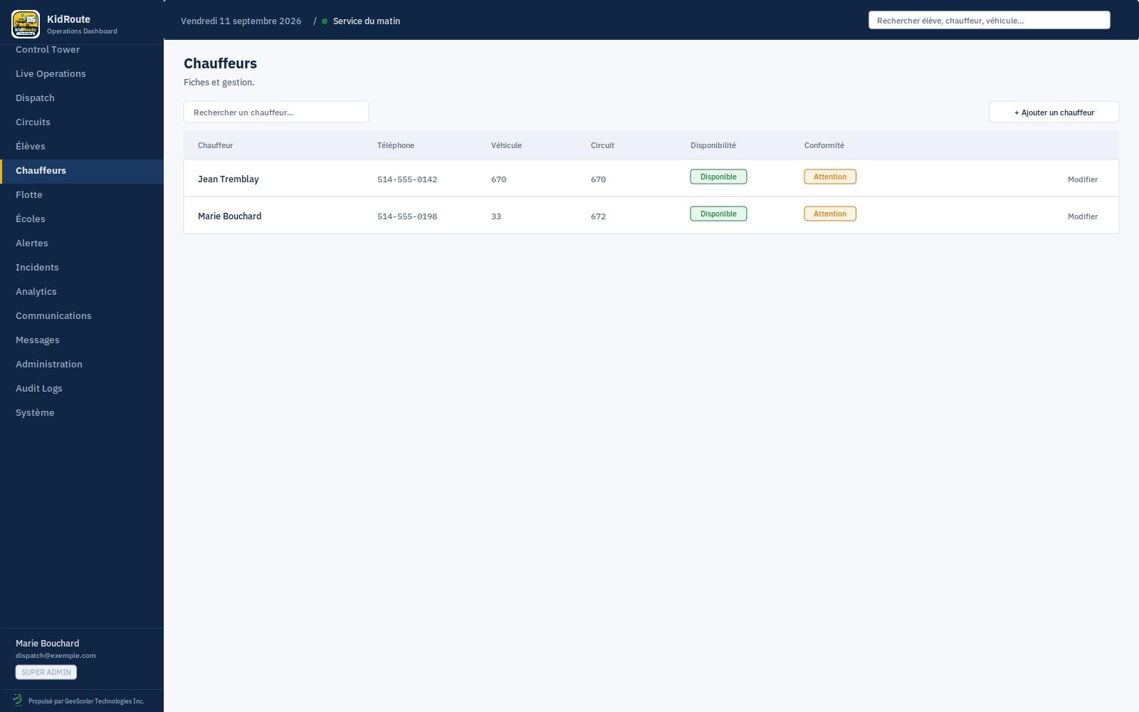 KidRoute Dashboard - Chauffeurs